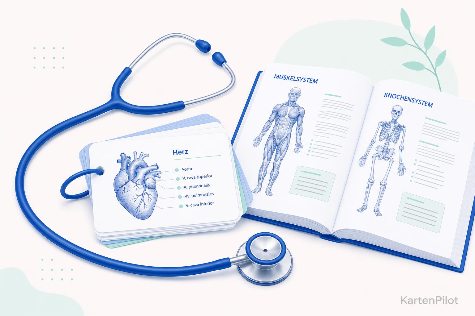Stethoskop neben einem Stapel Anatomie-Karteikarten und einem aufgeschlagenen Lehrbuch.